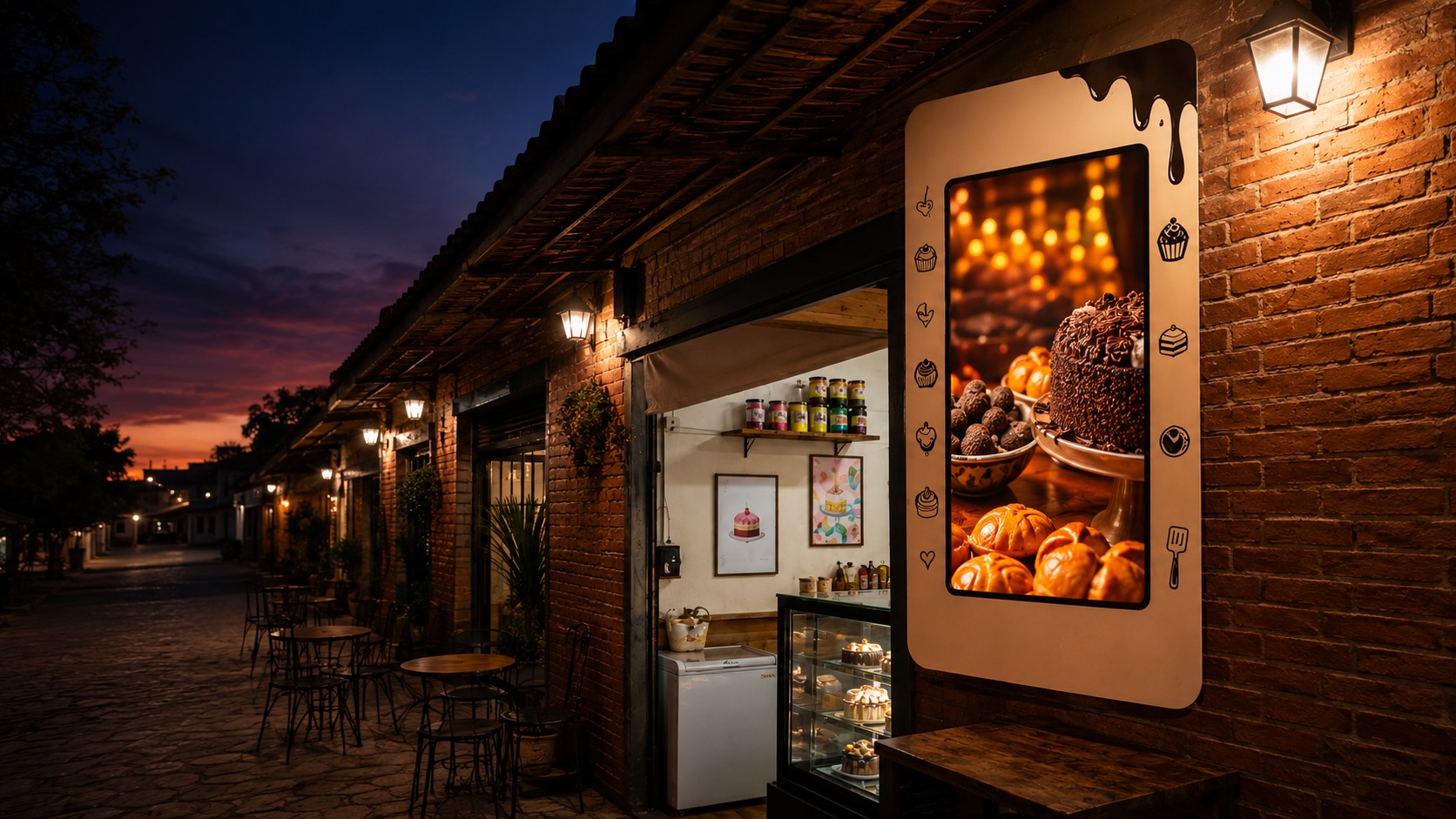 Ilustração de uma tela vertical em uma confeitaria, instalada em uma moldura de ACM adesivada.