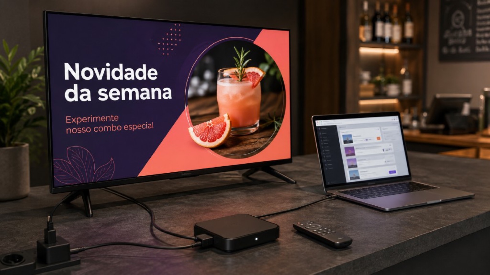 TV conectada a uma box por cabo HDMI, com controle remoto e computador para gerenciar o conteúdo.