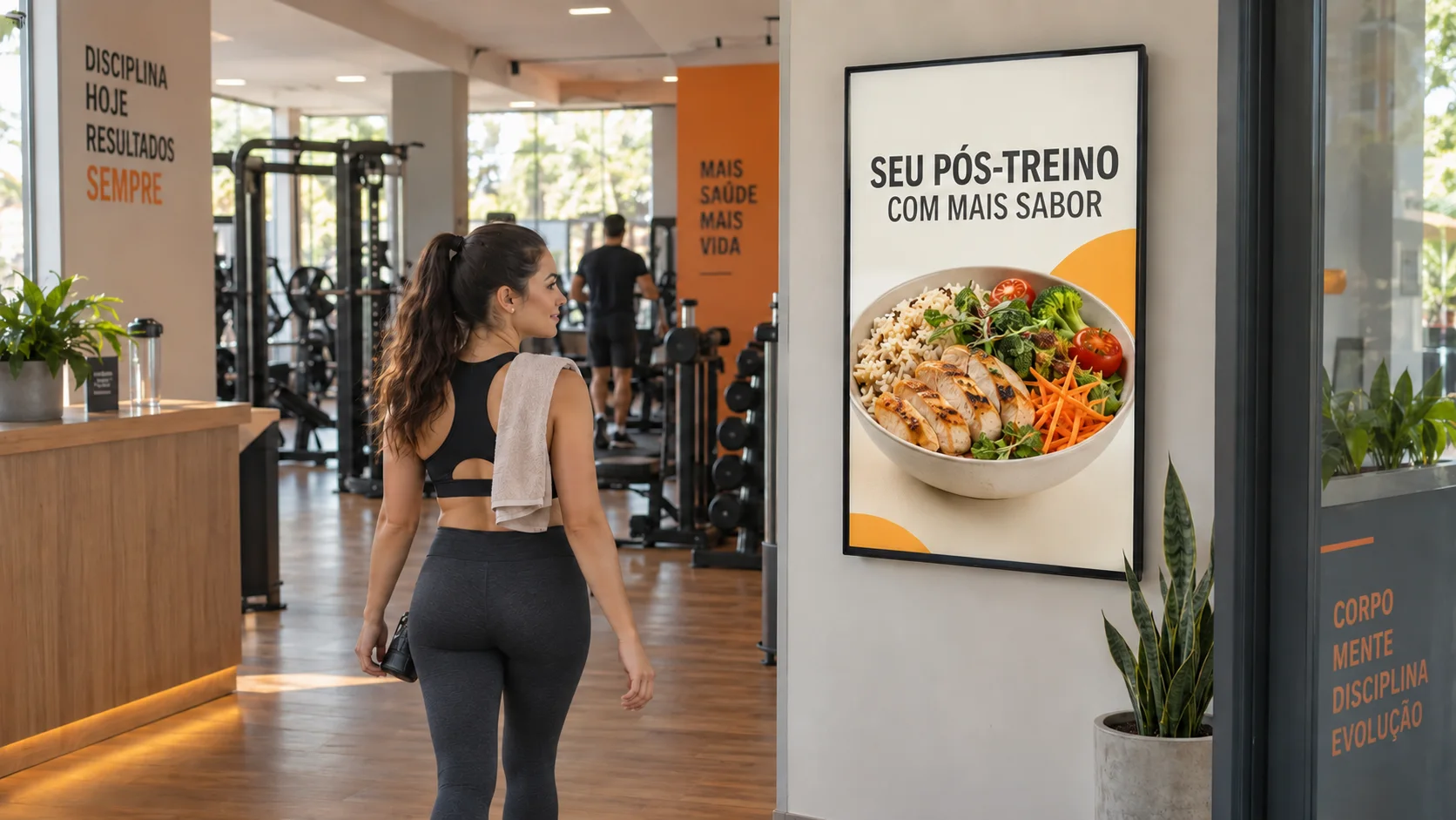Mulher passa por uma tela na academia que exibe um anúncio de refeição saudável com a frase Seu pós-treino com mais sabor.