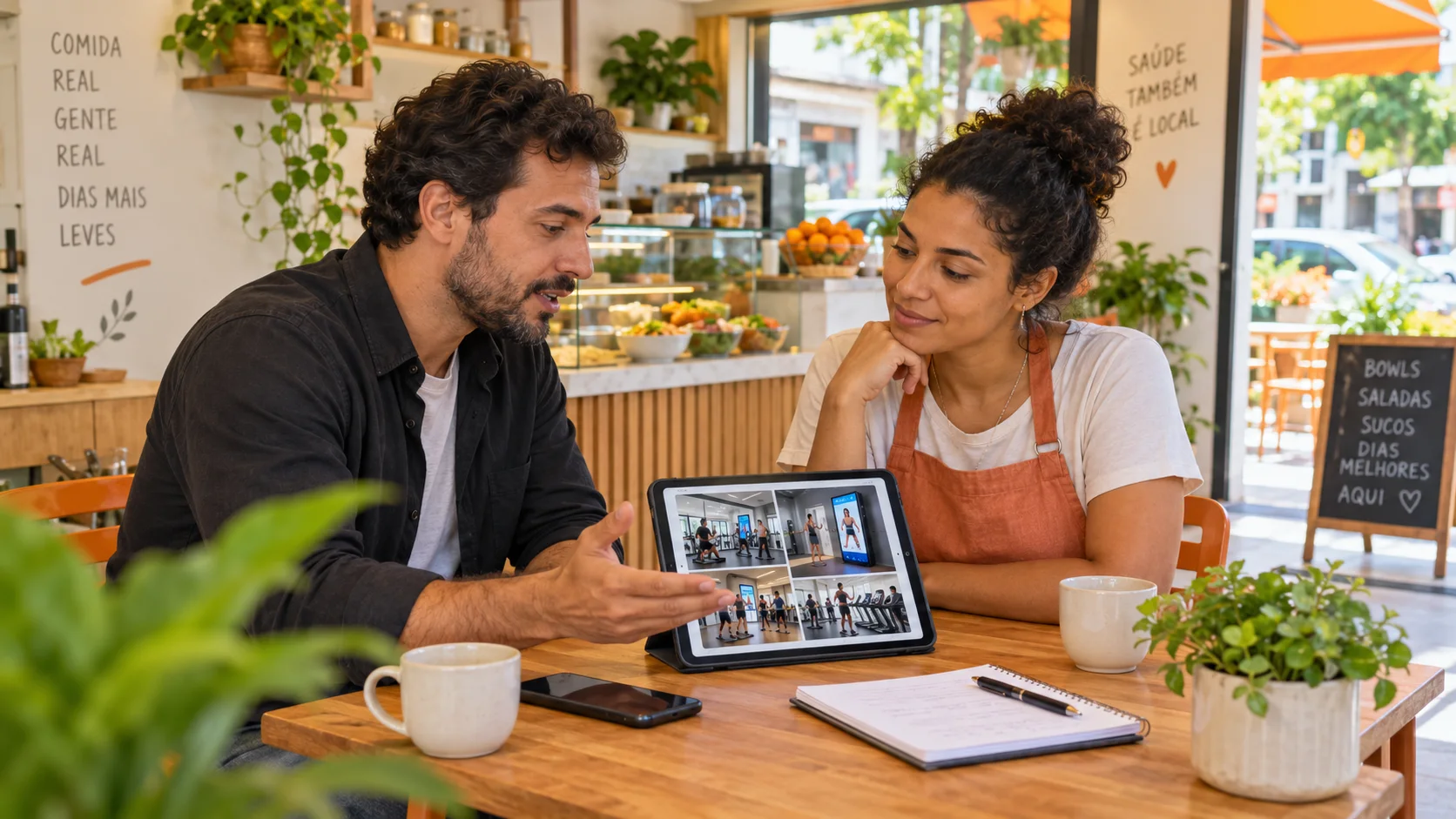 Duas pessoas conversam em uma loja de alimentação saudável enquanto observam imagens de telas em academias em um tablet.
