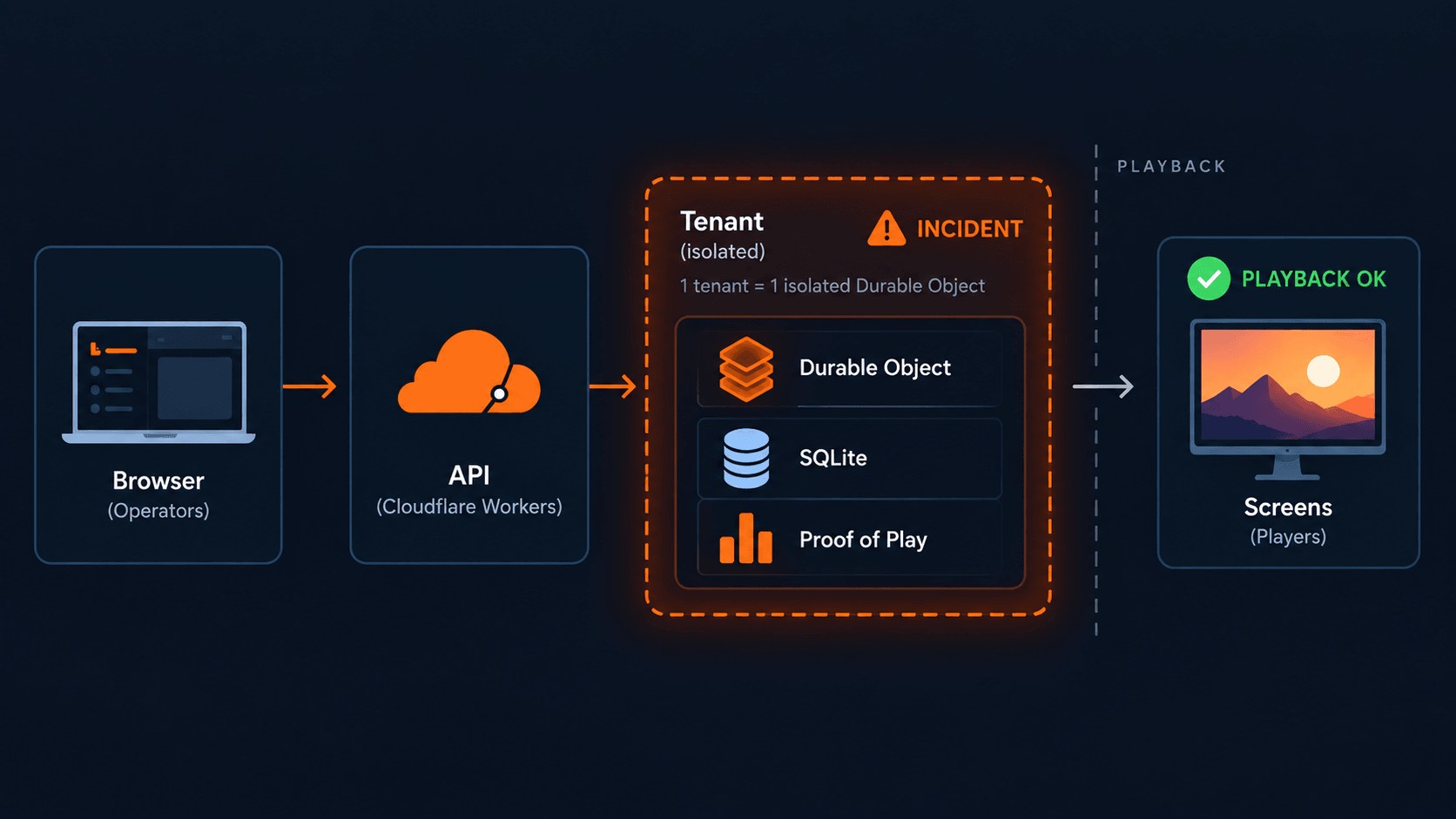 Arquitetura do incidente na Lucimark mostrando API, Durable Object isolado por tenant, armazenamento SQLite de Proof of Play e reprodução nas telas não afetada.