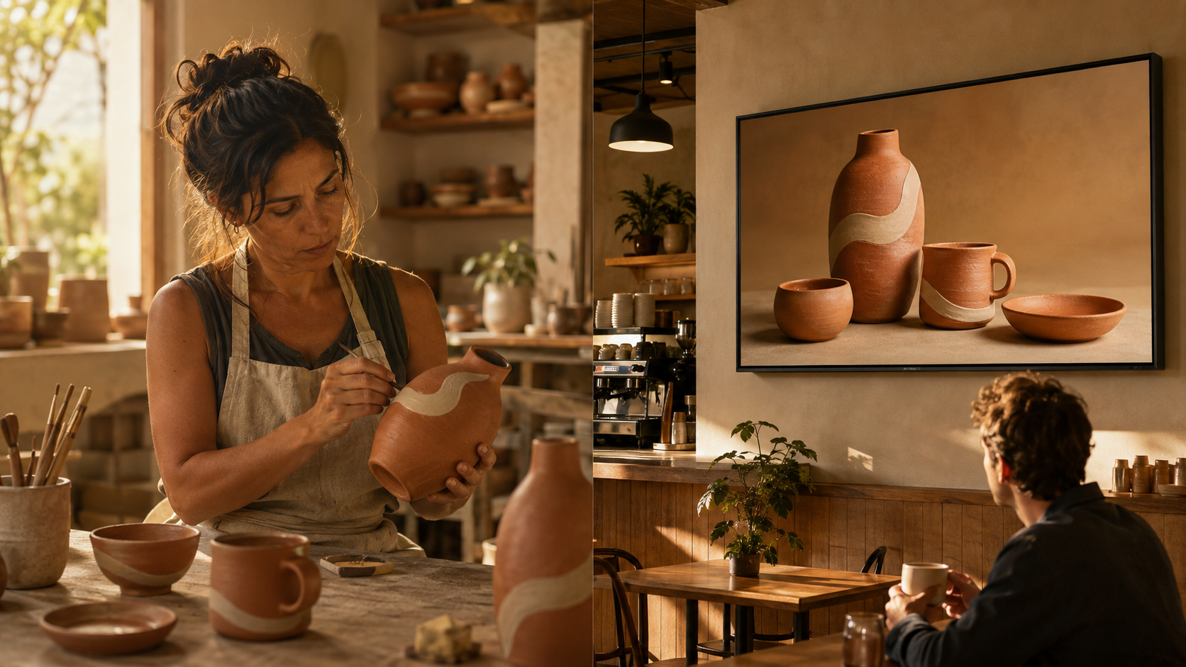 Uma empreendedora decora uma jarra no atelier; ao lado, uma tela num café apresenta a mesma coleção de cerâmica.