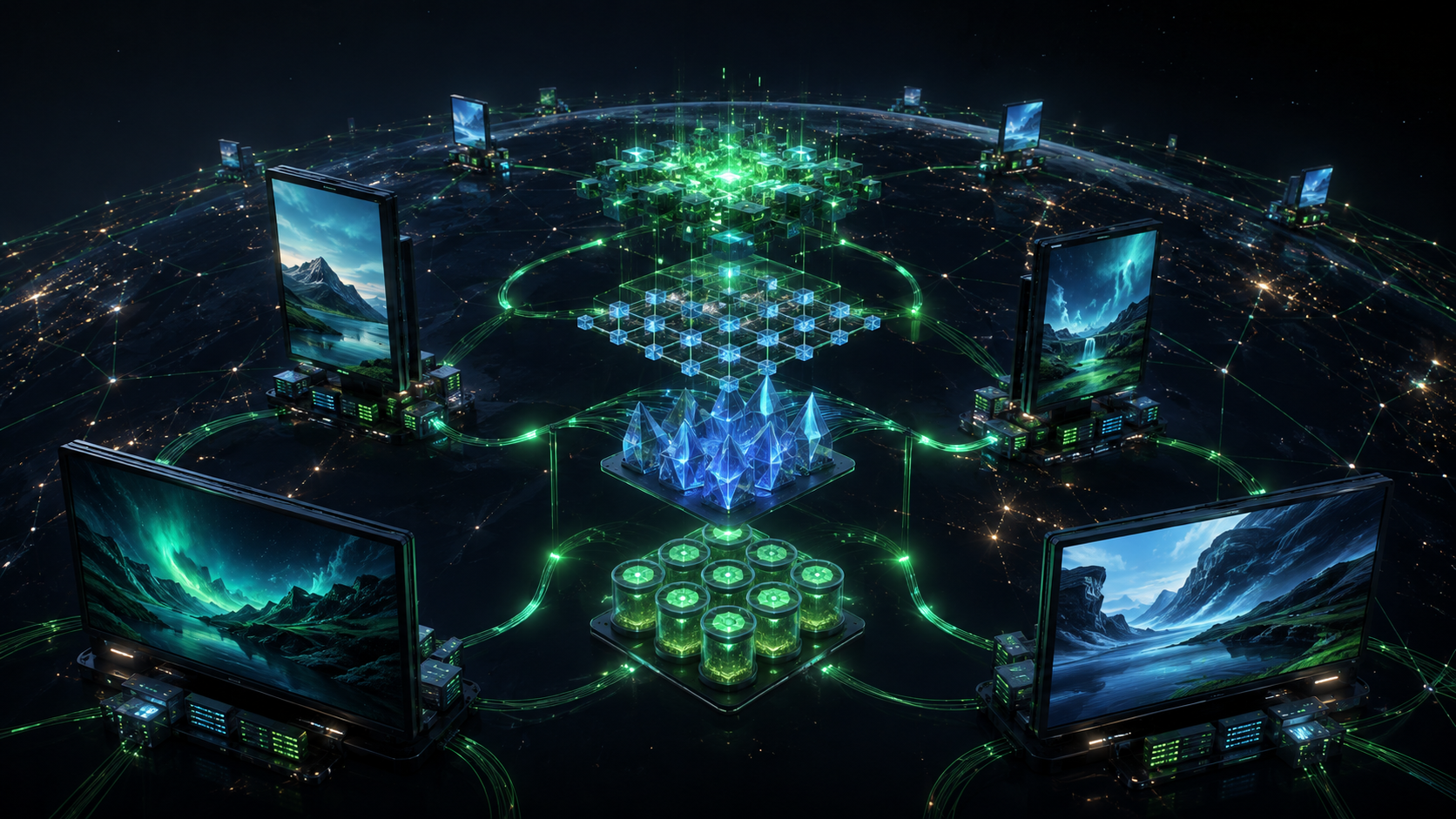 Ilustração de uma rede de telas distribuída ao redor de camadas abstratas de compute, banco, mídia e estado.